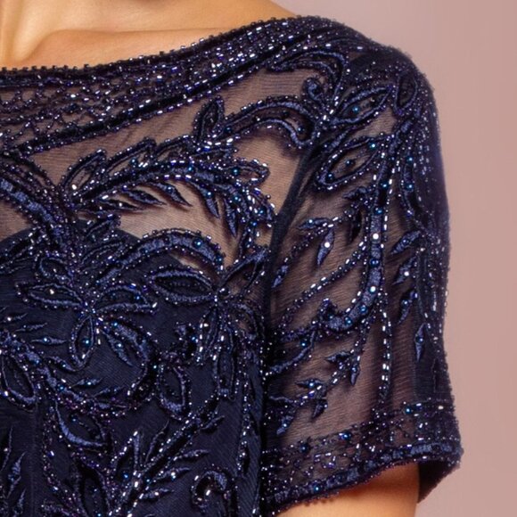 NEW LONG CHIFFON A-LINE DRESS WITH CAP SLEEVES EMBROIDERED WITH LACE GL2683 - Picture 5 of 12